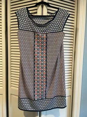 Navy and Coral Printed Shift Dress - Geometric Print, Summer Ready!